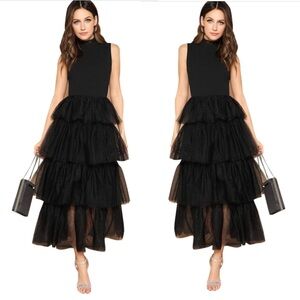 Sleeveless Tiered Layer Mesh Ruffle Black Dress
